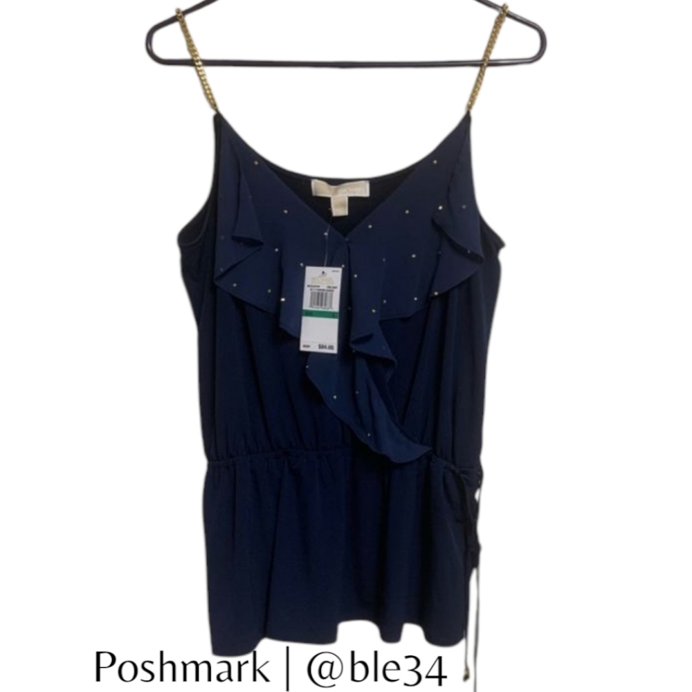 NWT 🏷 Michael Kors Gold Chain & Tie Navy Evening Blouse Tank